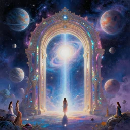 a photorealistic detailed image of a beautiful vibrant iridescent gateway to intergalactic skies and alien planets, spiritual science, divinity, utopian, by david a. hardy, hana yata, kinkade, lisa frank,