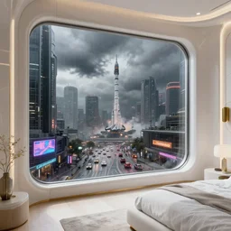 closeup to a corner in a futuristic confy white bedroom, with wood and gold details and a huge futuristic single sheet glass window overlooking blade runner 2 0 4 9 city architecture, space x starship rocket launch site, environmental lighting, stormy weather, ray tracing, amazing view, highly detailed, heavy traffic, neon shops, octane render, unreal engine 5, 4 k