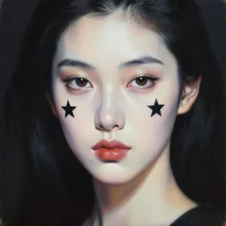 hyperrealism oil painting, close - up portrait, fashion model, pale skin, black stars, complete darkness background, soft light, in style of classicism mixed with 8 0 s japanese sci - fi books art