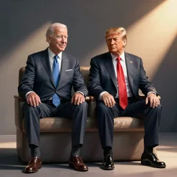 an hybrid of joe biden and donald trump sitting in a cyborg suit