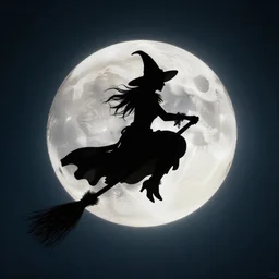 wicked witch riding broom silhouette across the full moon.