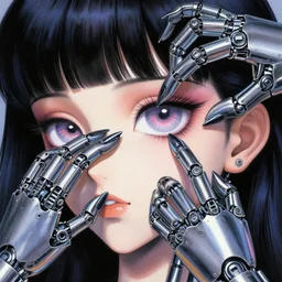 luscious cyborg painted by hajime sorayama plucking out her own cybernetic eye using mechanical hands with long elegant metal fingers