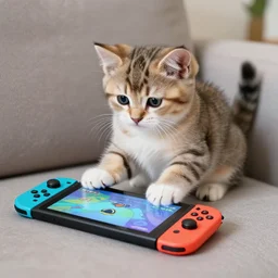 a cute kitten playing a video game on an nintendo switch while sitting on the couch