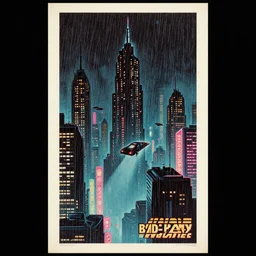 poster art, movie poster, retrofuturism, sci - fi, textured, paper texture, blade runner by edward valigursky, saul bass, and paul rand, dark city full of skyscrapers, neon lights, night, flying cars, rain
