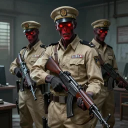 ghoul security officers from with glowing pale red skin in vintage muted beige uniforms and caps holding bullpup rifles in a brutalist office setting trending on artstation digital painting 4 k sharp detail high quality