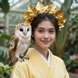 portrait photograph of an extremely beautiful!!!! young female, symmetric face!. with a very detailed barn owl! on her shoulder!! symmetric round detailed eyes!!, slight smile, natural light, wearing a yellow kimono!! in a tropical greenhouse. looking at the camera!!. golden crown made of golden leaves. super resolution. extremely detailed. graflex camera!, bokeh!!!!! trending on artstation.