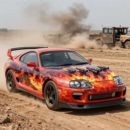 1995 toyota Supra Turbo with guns on it and a paint job that looks like fire, from the movie mad max fury road, photo