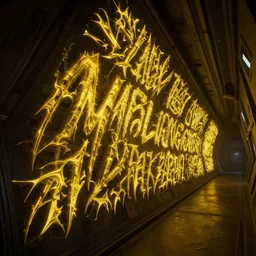 intricate, highly detailed, sharp, yellow, mysterious jagged extraterrestrial writing, on the wall of a long triangular shaped hallway, inside a spaceship, cinematic, dramatic lights scene, unreal engine 5