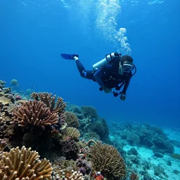 a diver in a coral reef, dslr, high definition