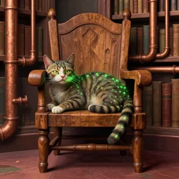 a cat character laying, wood carved chair, library, super powers, retrowave, concept art, glowing tiny green lines, by greg rutkowski, overdetailed art, old copper pipes, complementing colors