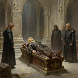 funeral of aragorn, king elessar dead upon a pedestal in the middle of the white city in gondor, by alan lee, michal karcz, smooth details, lord of the rings, game of thrones, smooth, detailed terrain, oil painting, trending artstation, concept art, fantasy matte painting