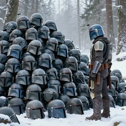 in a snowy forest, a huge pile of grey helmets, a grey and blue mandalorian jango fett, is looking at a huge pile of grey mandalorian helmets piled up, concept art highly detailed, huge pile of grey helmets, great cinematic lighting, octane render, 8 k, depth of field, 3 d, art by greg rutkowski, trending on artstation, cinematographic shot