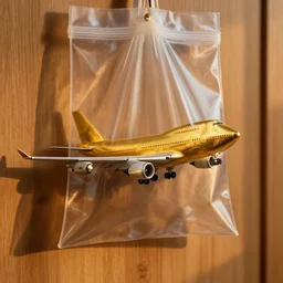 a golden boeing 7 4 7 inside a transparent bag hanging from a wooden wall, high quality, sigma 8 5 mm, detailed, golden hour