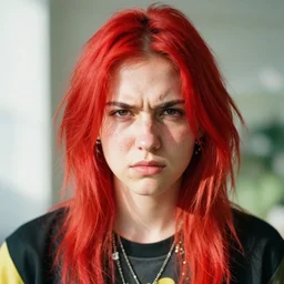 vibrant, color, beautiful portrait of a androgynous person with red hair and punk outfit. annoyed look, light acne, dry skin, center parting, in the morning, natural light, sigma 8 5 mm, nikon 5 0 mm f / 1. 8 g, by lee jeffries