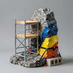 small scaffolding and bedrock sculpture made with steel and metal, wood planks, rock details joints, cinder blocks, bright construction materials, ratchet straps, photorealistic, studio lighting, product photography, high octane, higly detailed, made with unreal engine, painting by yves tanguy, by nate boyce, sculpted by david smith, by kay sage