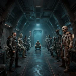 horror spaceship interior, kim jung gi style, Greg Rutkowski, Zabrocki, Karlkka, Jayison Devadas, trending on Artstation, 8K, ultra wide angle, zenith view, pincushion lens effect