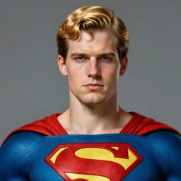 portrait of a superman with short blond hair and blue eyes, highly detailed, digital painting, artstation, concept art, wallpaper, smooth, sharp focus, illustration, art by artgerm and greg rutkowski and alphonse mucha