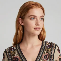 olive skinned female model in her twenties with strawberry - blonde hair, wearing a designer top, looking content, focused on her neck, photo realistic, extreme detail skin, natural beauty, no filter, slr, golden hour, 4 k, high definition, selfie