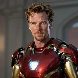 Portrait of benidict cumberbatch in Iron man's armor, zack snyder film still
