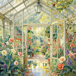 a beautifull intricate watercolour painting of a greenhouse with many flowers, reflexions, verry high details by william turner art, greg rutkowski and alphonse mucha, trending on artstation, very very detailed, masterpiece