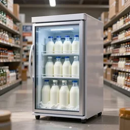 stock photo of a deep freezer that is overflowing with milk, studio lighting, in a hardware store