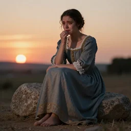 a pretty girl crying with a renaissance dress and with the sunset in the background near a thumbstone. highly detailed digital art. full body. serene lighting, sharp focus