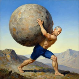 a painting of benjamin netanyahu as sisyphus, carrying large boulder up a mountain, by franz stuck