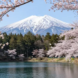 forest and lakes with Sakura flowers with snow mountains at the background