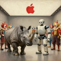 a rhinoceros and a humanoid robot are standing in the middle of an apple store surrounded by a group of clowns. a detailed oil painting by hans baldung.