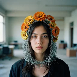a closeup portrait of a woman wearing a hood made of wire and zinnias, in an abandoned office building, by vincent desiderio, canon eos c 3 0 0, ƒ 1. 8, 3 5 mm, 8 k, medium - format print