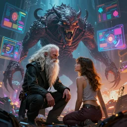 illustration of h. r. giger and liliia sitailo, artist paint in air colorful elements of bright sci - fi hologram elements, terror monster beast, dramatic, sharp focus, depth of field, highly detailed, artstation, digital art, volumetric light, dynamic, expression