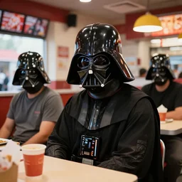 all people in a fast food restaurant wear a darth vader mask, star wars, artstation