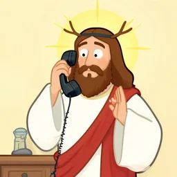 cartoon jesus christ talking on old phone