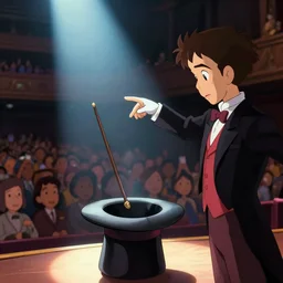animation key shot, famous magician showing a magic trick on stage, live, massive audience, spotlight on magician, magic hat and wand, close up shot, studio Ghibli, Pixar and Disney animation, sharp, Rendered Unreal Engine 5, film key art, Greg Rutkowski, Bloom, dramatic lighting