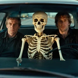 the skeleton sits in the car, they look me in the eye, film still from the movie directed by denis villeneuve and david cronenberg with art direction by h. r. giger and bernie wrightson