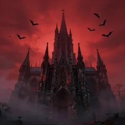wide angle photo of a gothic castle, the sky is red, many bats flying around in the sky, eerie fog, nightmare miasma, trending on artstation,