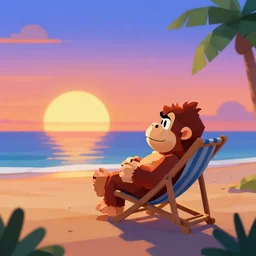 low poly retro wave sunset with donkey kong relaxing on a lawn chair on the beach looking off into the sunset