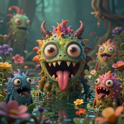 intricate colourful murky nature with strange cute friendly horror crazy monsters with huge beauty eyes long tongue triangle teeth and scary face appearing from the flowers in water, in the style of craola, shallow depth of field, highly detailed, digital painting, trending artstation, concept art, illustration, cinematic lighting, vibrant colors, photorealism, epic, octane render