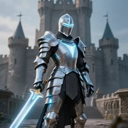 knight with, armor light neon, sword tesla ray, front a castle, art station by greg rutkowski - artstation, realistic, 4 k