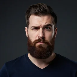 a bearded man, one raised eyebrow, very skeptical, condescending, professional photography, studio lighting, dark background