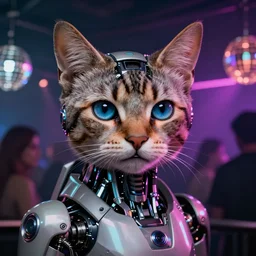 ultra detailed portrait of a futuristic cybernetic cyborg cat in a night club, by tom bagshaw and anna dittman, disco lights, perfect eyes and face, 3 5 mm lens, biomechanical robot, deep depth of field, artstation, 8 k