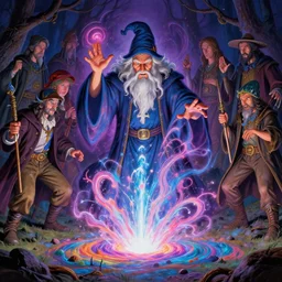 old wizard summoning a geyser of psychedelic energy from the ground, hyper - detailed, cgsociety, 8 k, high resolution, in the style of charlie bowater, tom bagshaw, norman rockwell, gerald brom, adam hugh
