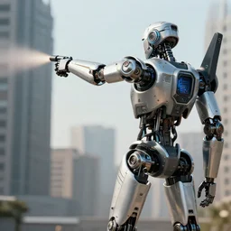 A realistic photo of a detailed robot with a robotic futuristic body, shooting at buildings in the city