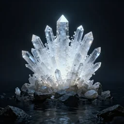 octane render uhd, 8 k art photography, filmic lighting, cinematic art shot, hyperrealistic, hyperdetailed, super detailed, 8 k, high resolution, mysterious strangle glowing crystalline structure made of white rocks in the far distance, 8 k uhd matte painting by ross tran and ivan aivazovsky, black water, midnight