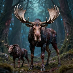 5 5 mm portrait photo of an armored demonic undead rotting moose with red eyes antlers and looking at the camera, in a magical forest. magical atmosphere. art by greg rutkowski and luis royo. highly detailed 8 k. intricate. lifelike. soft light. nikon d 8 5 0.