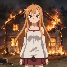 disaster girl yuuki asuna standing in front of burning house looking at viewer