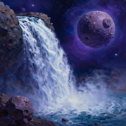 waterfall in asteroid field, purplish blueish space with stars in background, ultra detailed, high quality, artstation award winner, oil painting, digital painting, photorealistic, 8k, vibrant, ultra detailed water