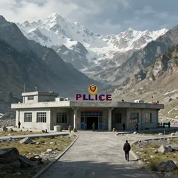post - apocalyptic police station under kashmir mountains, concrete building, paved roads, by thomas kinkade, by simon stalenhag, highly detailed photography, trending on artstation, hyperrealistic, human silhouettes, cyberpunk, environment artist, dystopian, science fiction