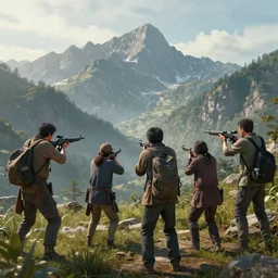 post design of wenjun lin digital illustration of a group of people were shooting a film in the mountains unreal engine, hyper realism, realistic shading, cinematic composition, realistic render, octane render, detailed textures, photorealistic, wide shot