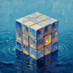 movie poster, magic cube on oil sea, oil painting